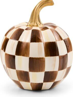 Mini Dark Brown & White Check Resin Pumpkin Decor - Fall Home Accent